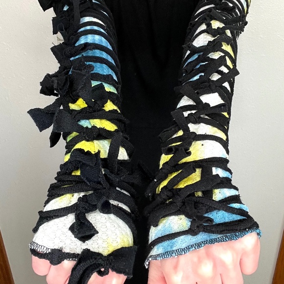 Mummy Bandage Gloves Blue Tie Dye Lace Up Arm Warmers Festival Rave Ripped Knot - Picture 1 of 7